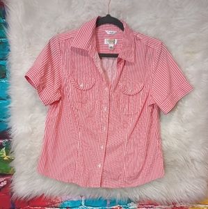 Talbots Red and White Striped Short Sleeve Button Down Top Size M